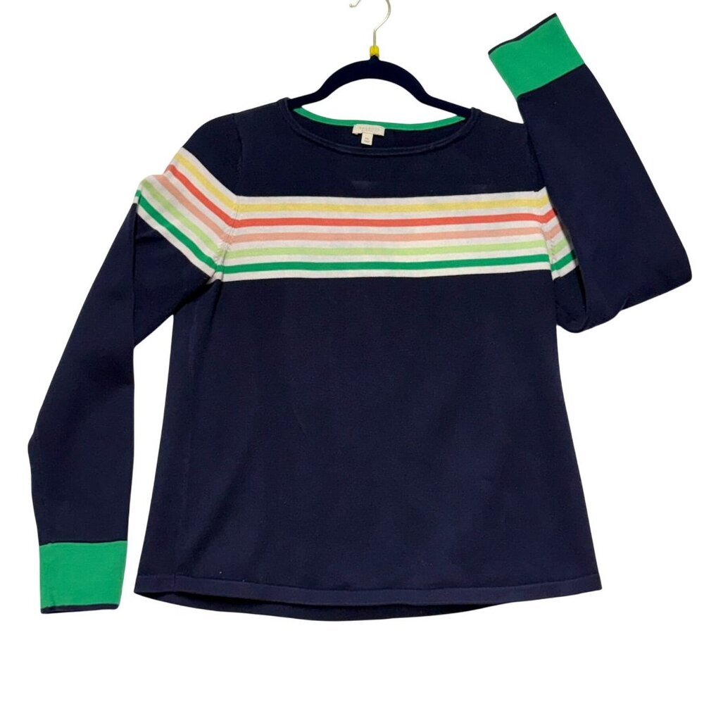 Talbots Petite Navy Sweater‎ With Rainbow Stripes & Green Cuffs MP